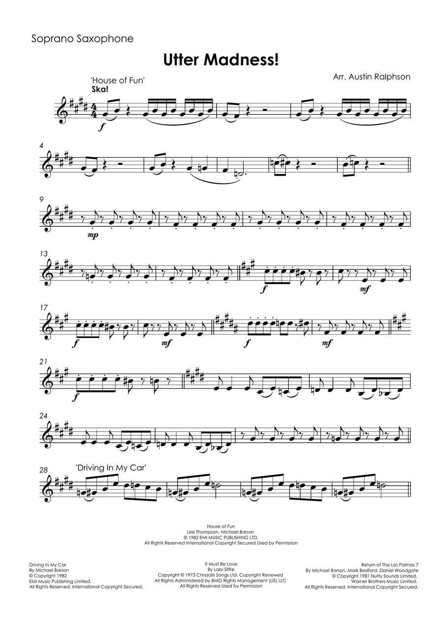 Medley: House Of Fun with Driving In My Car, It Must Be Love, and Return Of The Los Palmas 7 Saxophone Quintet scores gallery preview page 3