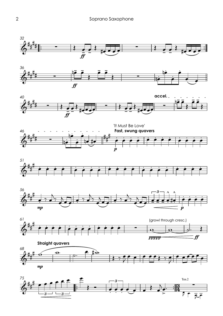Medley: House Of Fun with Driving In My Car, It Must Be Love, and Return Of The Los Palmas 7 Saxophone Quintet scores gallery preview page 4