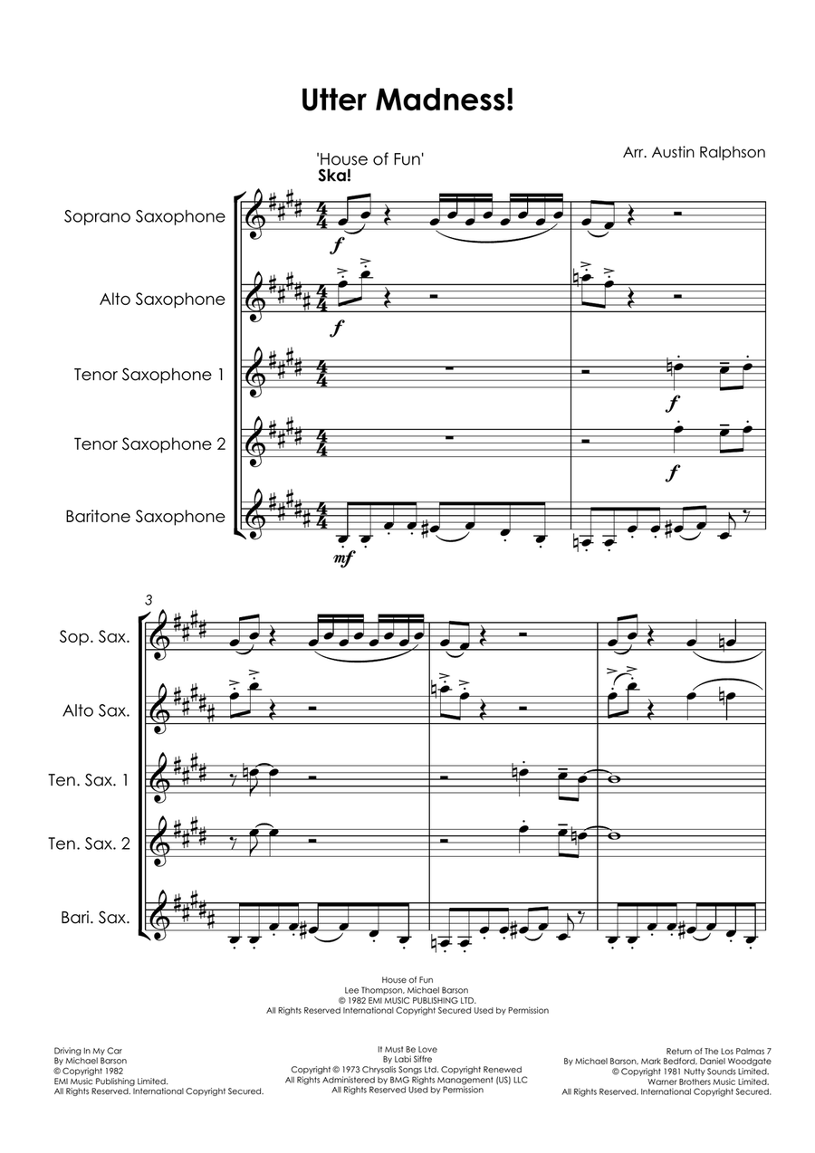 Medley: House Of Fun with Driving In My Car, It Must Be Love, and Return Of The Los Palmas 7 Saxophone Quintet scores gallery preview page 6