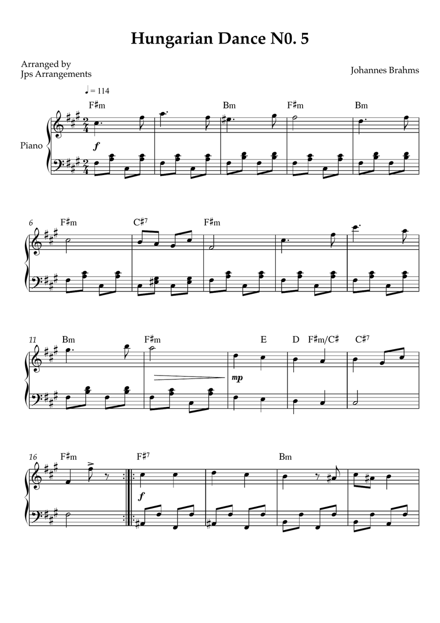 hungarian Dance No. 5 – intermediate Piano (Key of F#m) Easy Piano scores gallery preview page 1