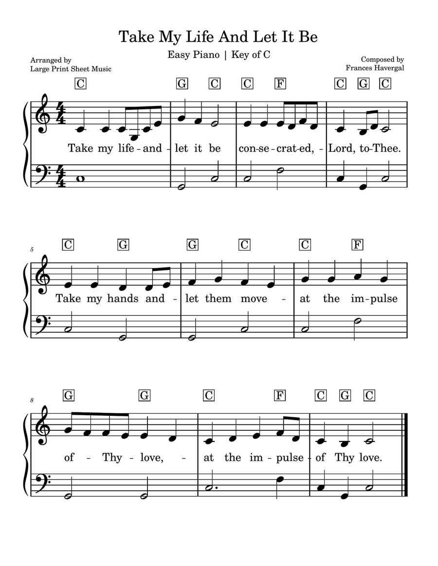 Take My Life And Let It Be Hymn Easy Piano With Chord Symbols and Lyrics Key of C Easy Piano scores gallery preview page 1