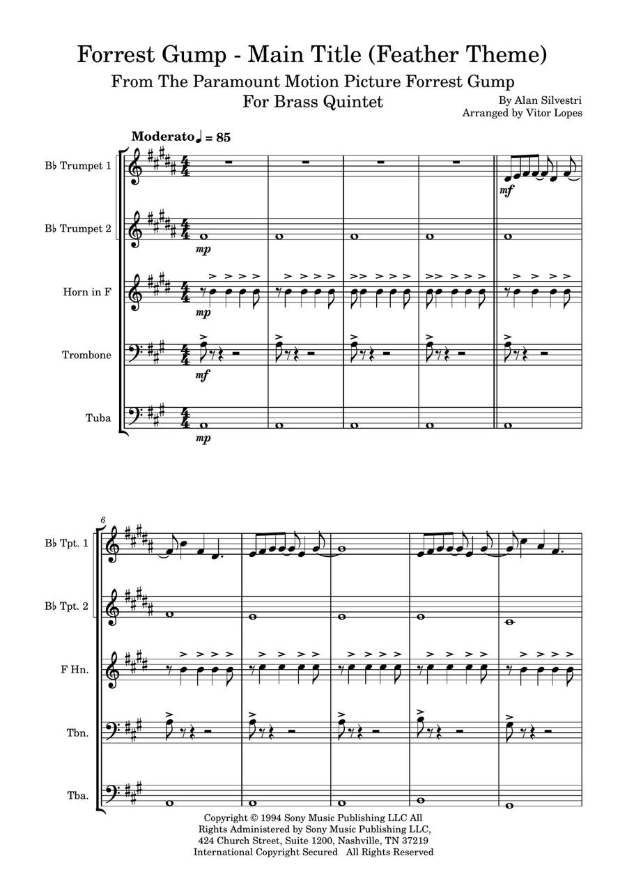 Forrest Gump - Main Title (Feather Theme) Brass Quintet scores gallery preview page 1