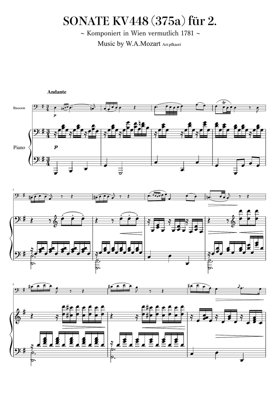 Sonta for 2 Pianos D major 2nd mov. Andante KV448 6.375a / Bassoon & Piano Bassoon Solo scores gallery preview page 1