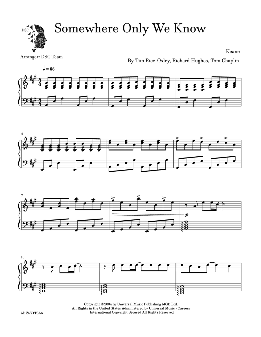 Somewhere Only We Know Somewhere Only We Know Piano Solo scores gallery preview page 1
