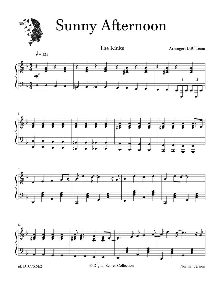 Sunny Afternoon Sunny Afternoon Piano Solo scores gallery preview page 1