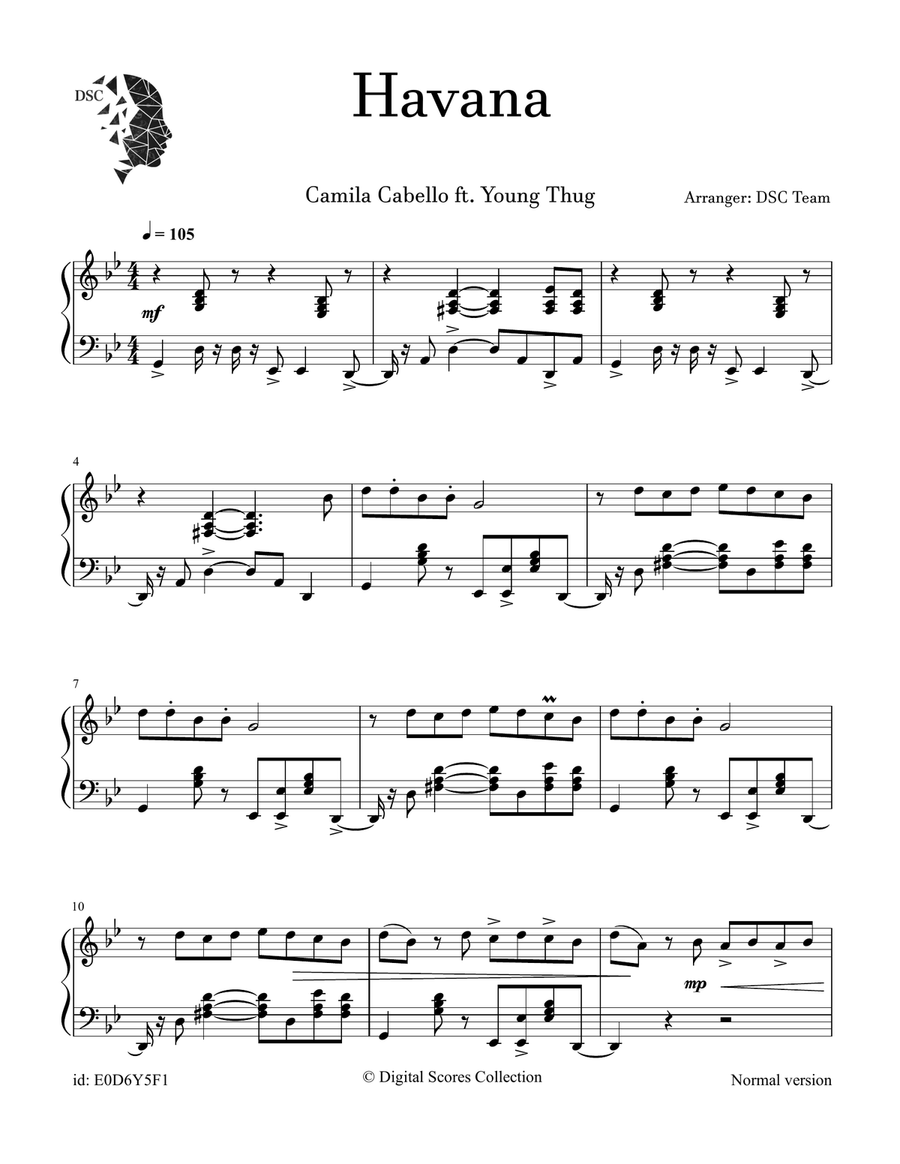 Havana (Ft. Young Thug) Havana (Ft. Young Thug) Piano Solo scores gallery preview page 1