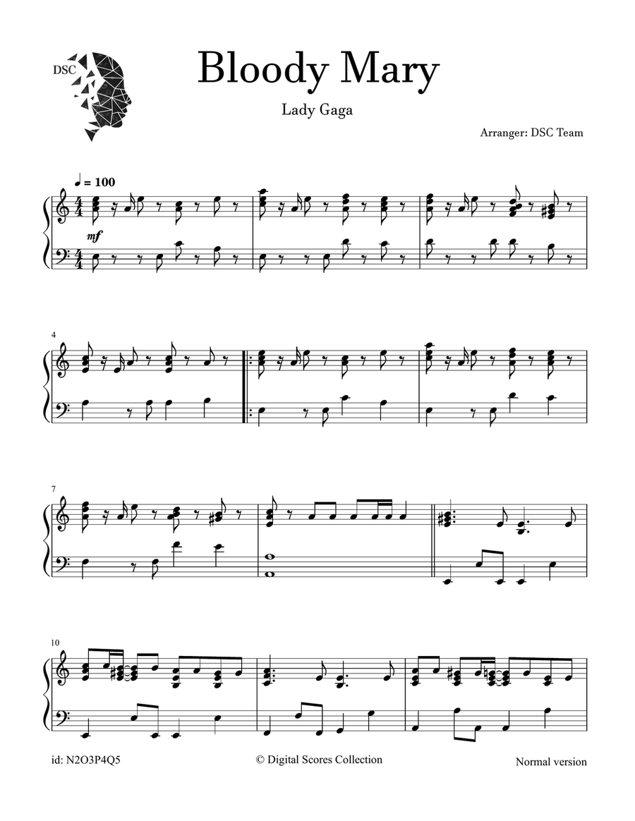 Bloody Mary Bloody Mary Piano Solo scores gallery preview page 1