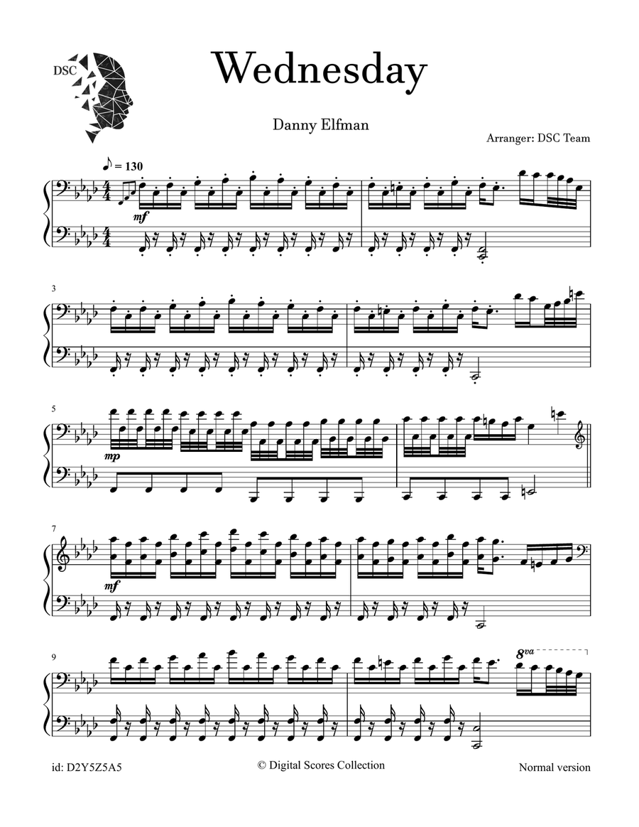 Wednesday Main Title Theme Piano Solo scores gallery preview page 1