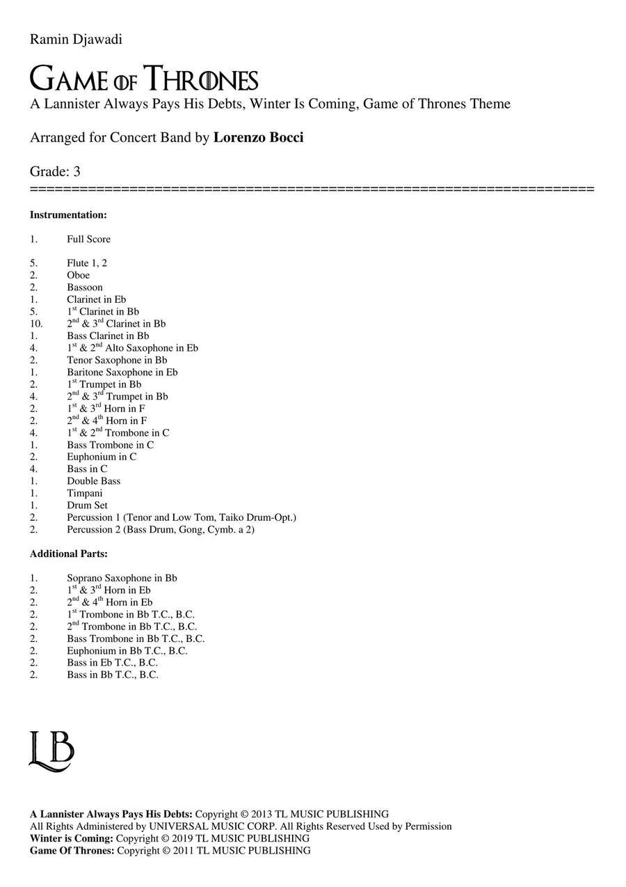 Medley: A Lannister Always Pays His Debts with Winter Is Coming and Game Of Thrones Concert Band scores gallery preview page 2