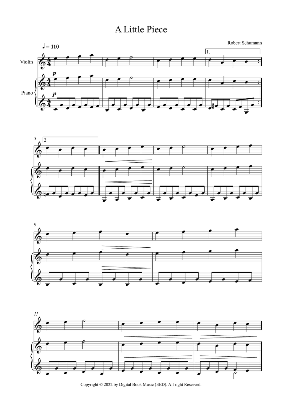 A Little Piece - Robert Schumann (Violin + Piano) Violin Solo scores gallery preview page 1