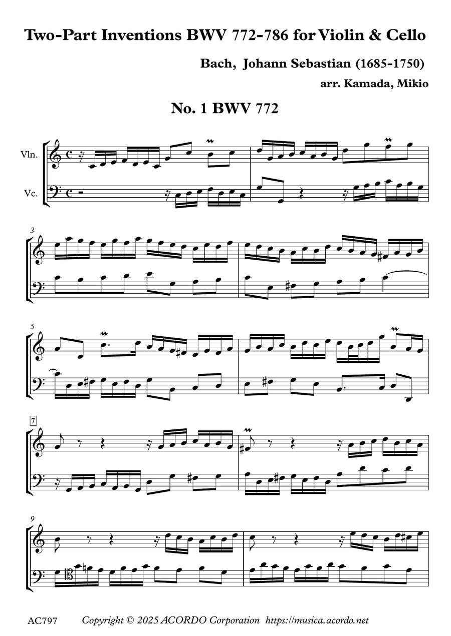 Two-Part Inventions BWV 772-786 for Violin & Cello String Duet scores gallery preview page 1