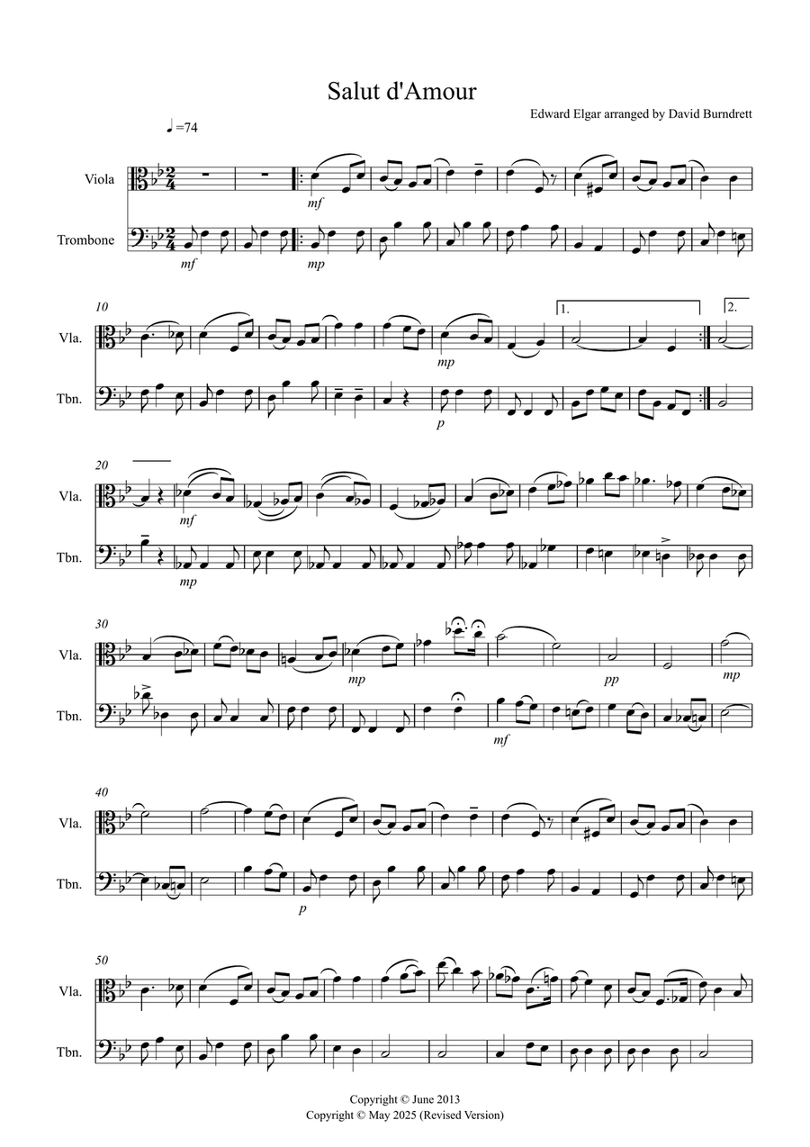 Salut d' Amour for Viola and Trombone Duet Trombone scores gallery preview page 1