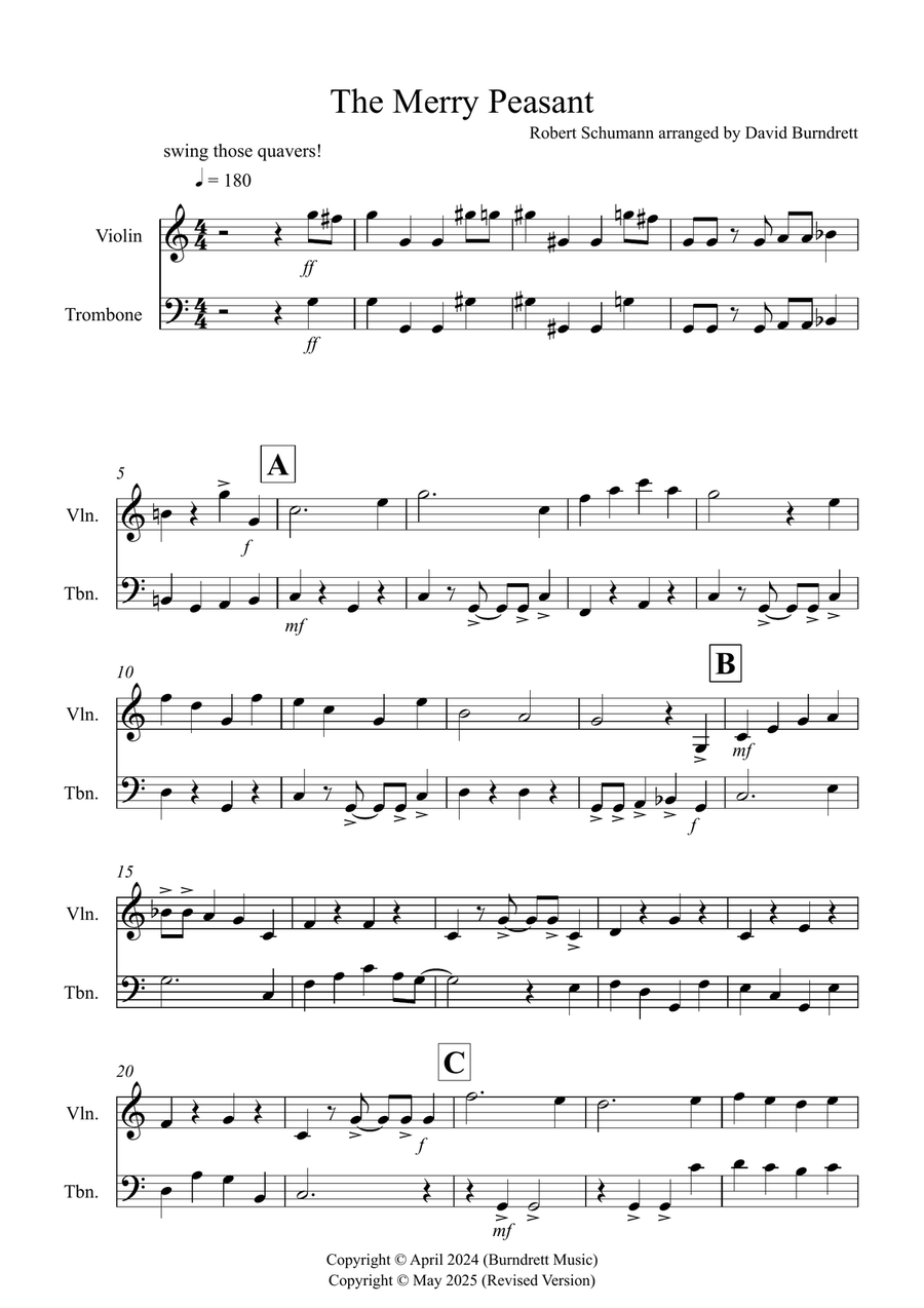 The Merry Peasant (Jazzy Style!) for Violin and Trombone Duet Trombone scores gallery preview page 1