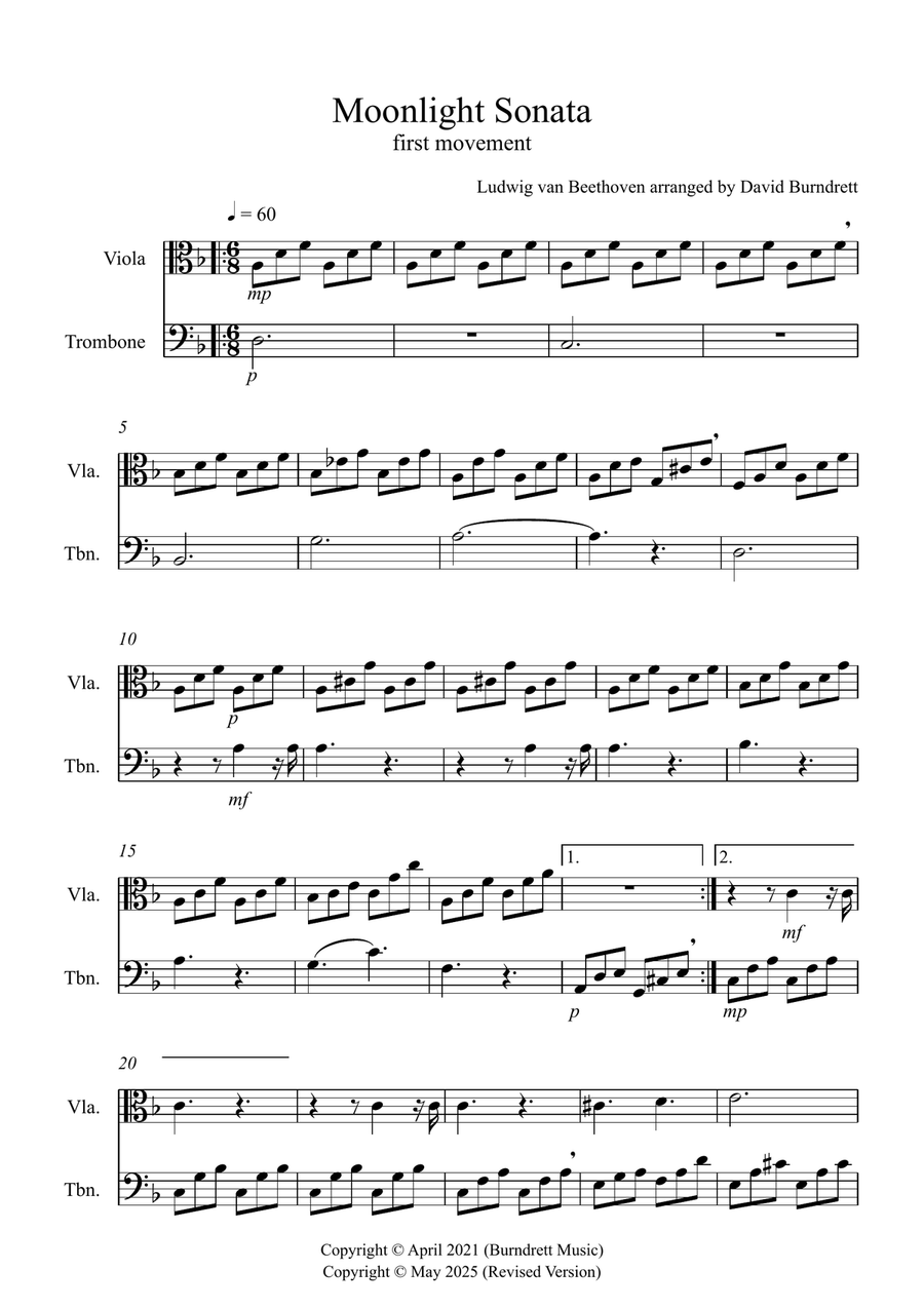 Moonlight Sonata for (1st movement) for Viola and Trombone Duet Trombone scores gallery preview page 1