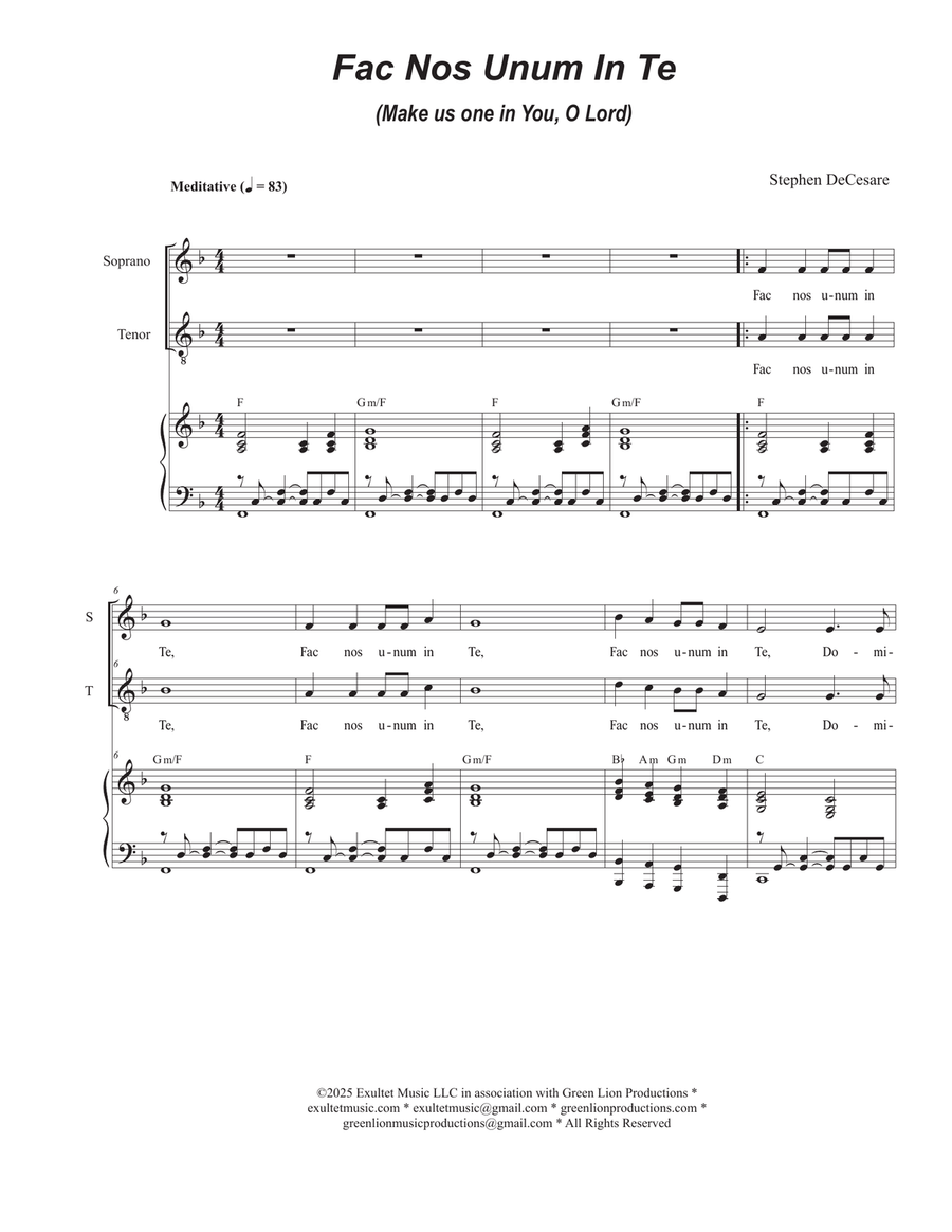 Fac Nos Unum In Te (Vocal solo with Soprano and Tenor Duet) Tenor Voice scores gallery preview page 1