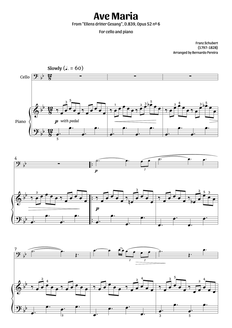 Ave Maria (cello and piano – clean with fingering) Piano scores gallery preview page 1