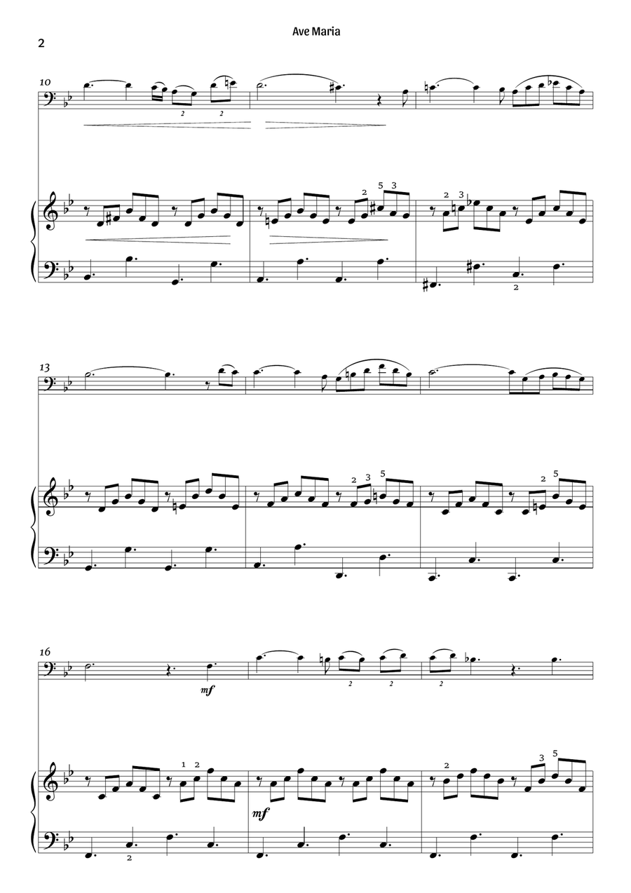 Ave Maria (cello and piano – clean with fingering) Piano scores gallery preview page 2