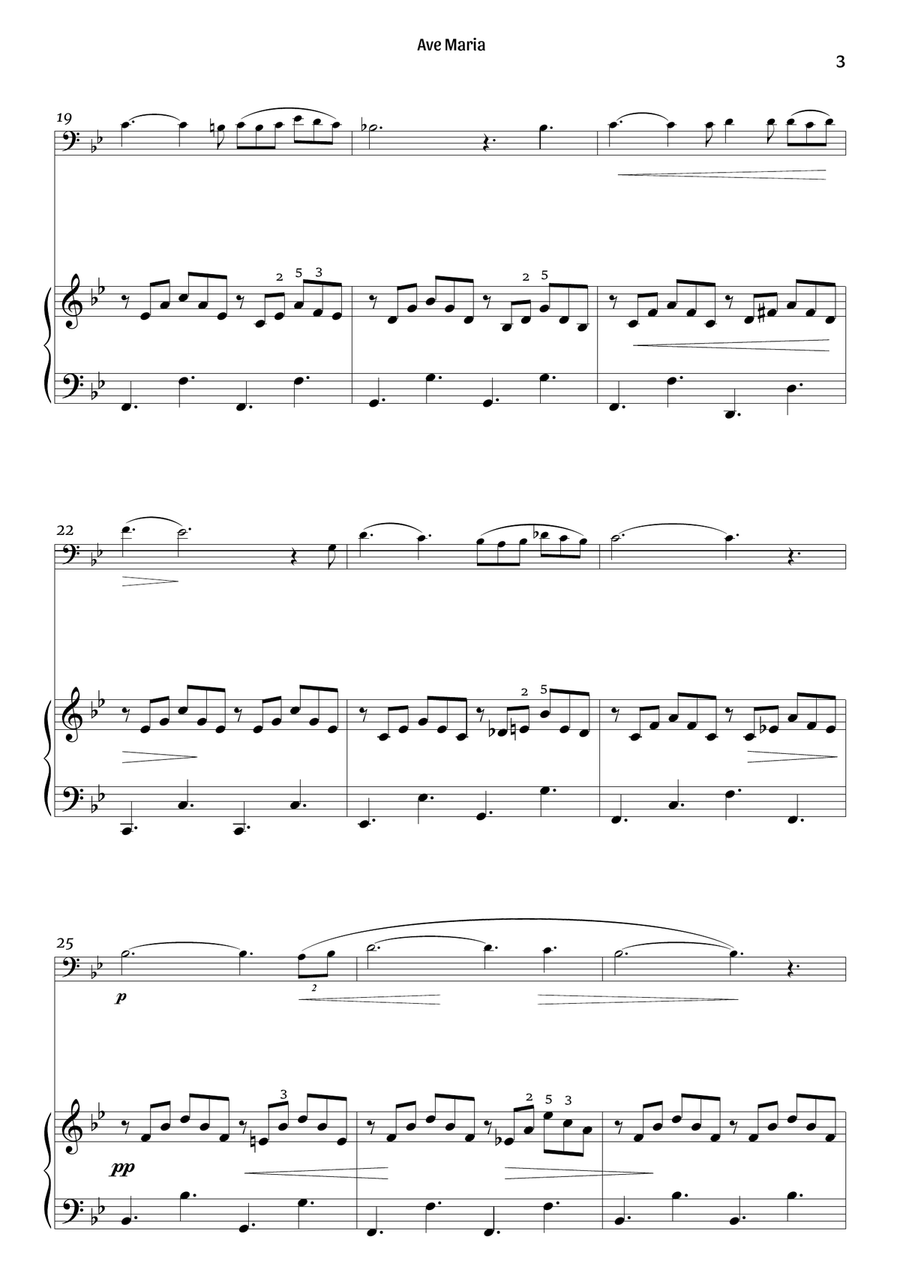 Ave Maria (cello and piano – clean with fingering) Piano scores gallery preview page 3