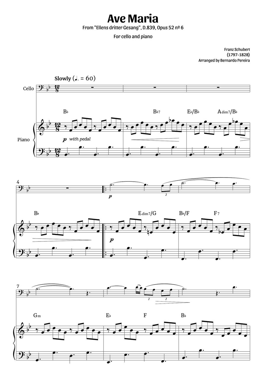Ave Maria (cello and piano – clean with chords) Piano scores gallery preview page 1