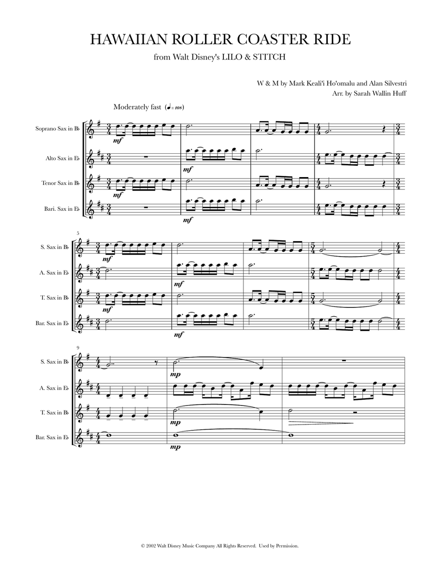 Hawaiian Roller Coaster Ride Saxophone Quartet scores gallery preview page 1
