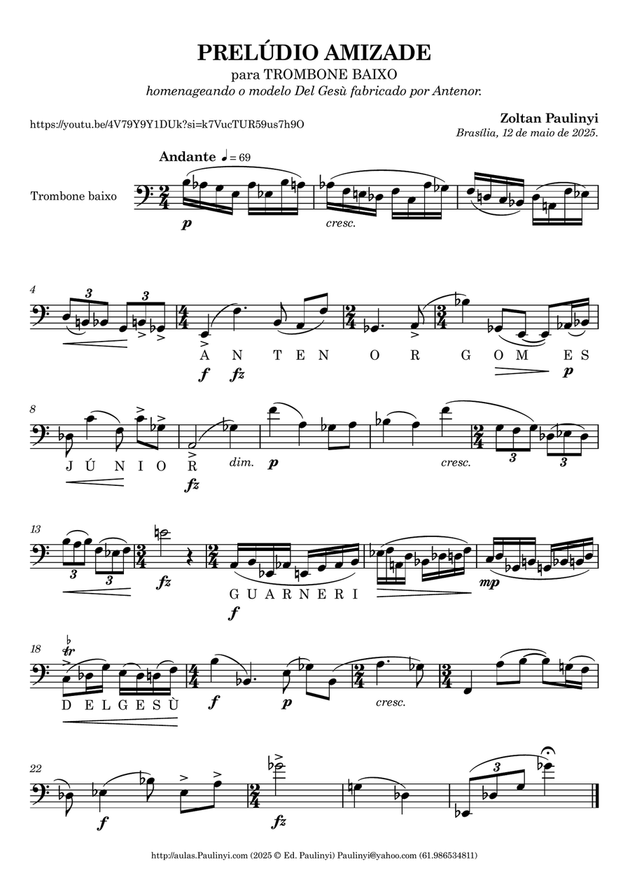 Prelude AMIZADE (2025) for solo Bass Trombone by Paulinyi Bass Trombone scores gallery preview page 1