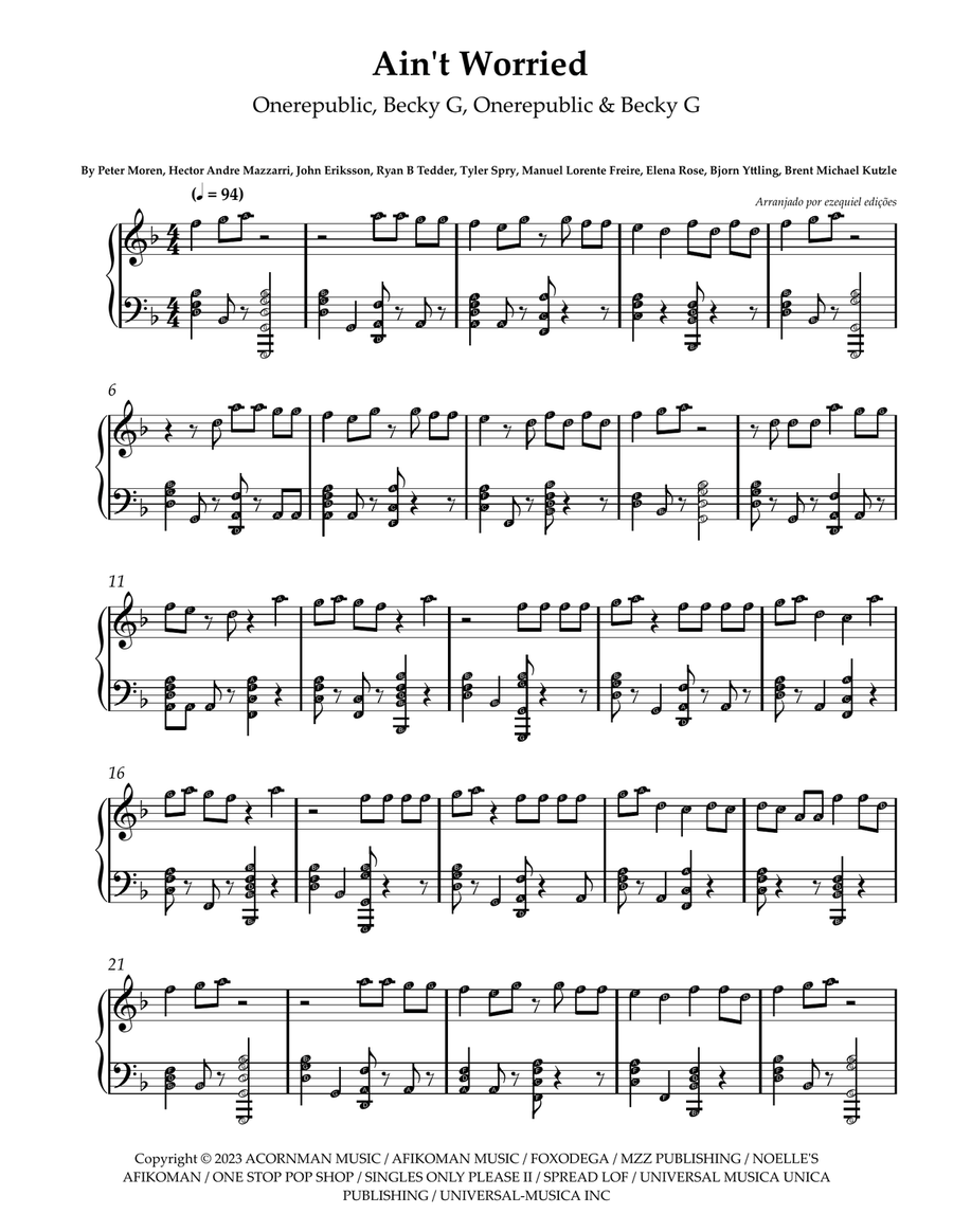 I Ain't Worried (Feat. Becky G) - Latin Version Easy Piano scores gallery preview page 1