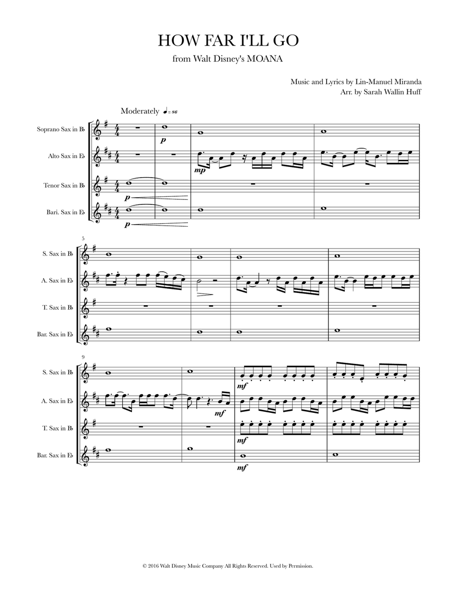 How Far I'll Go How Far I'll Go Saxophone Quartet scores gallery preview page 1