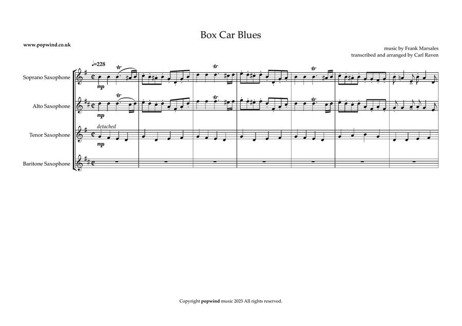 Box Car Blues Saxophone Quartet scores gallery preview page 1