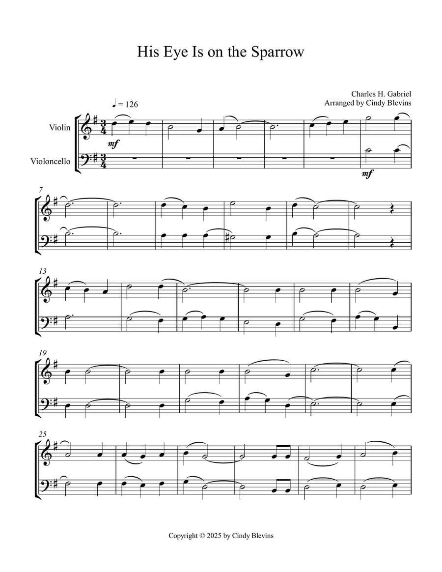 His Eye Is On the Sparrow, for Violin and Cello String Duet scores gallery preview page 3