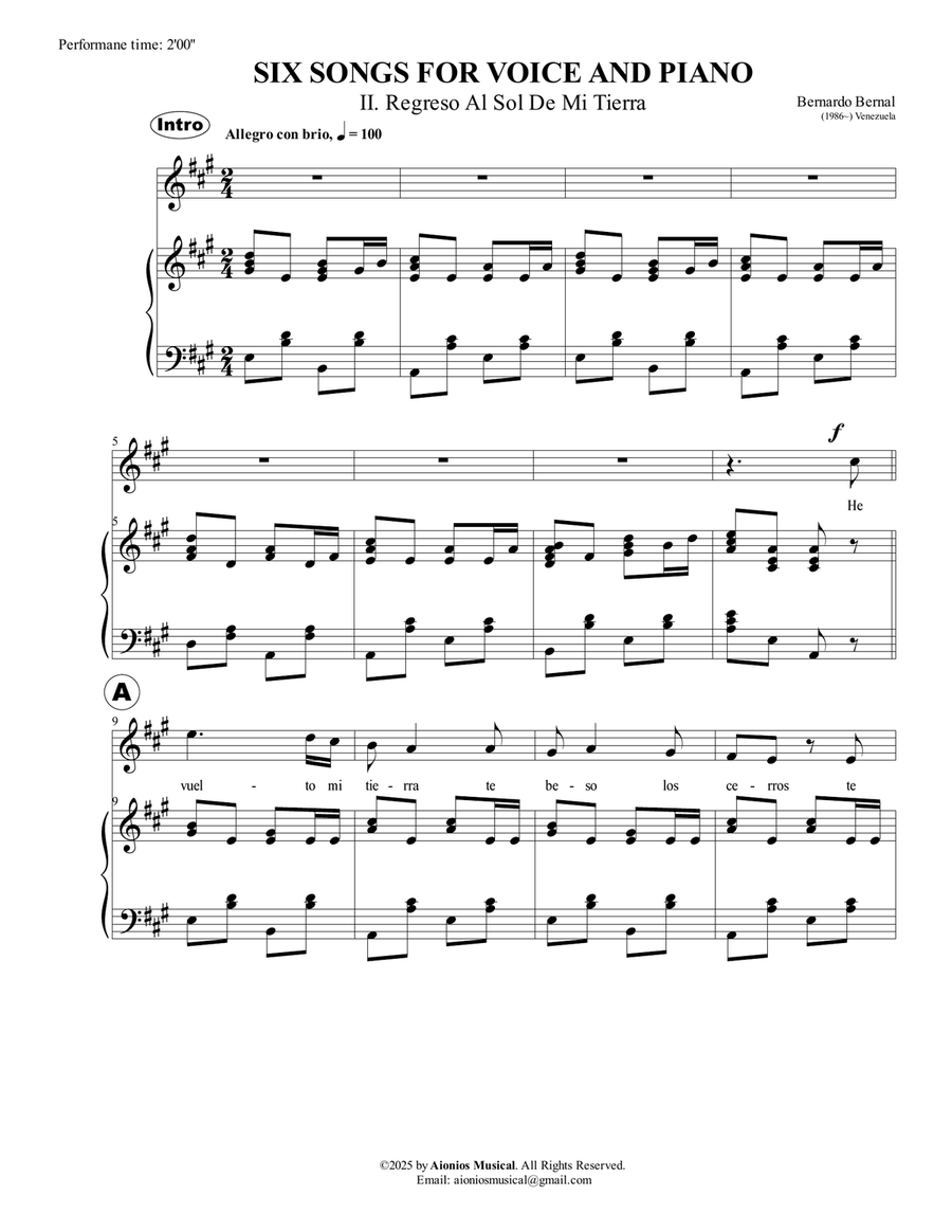 Six Songs For Voice And Piano - II. Regreso Al Sol De Mi Tierra Piano, Vocal scores gallery preview page 3