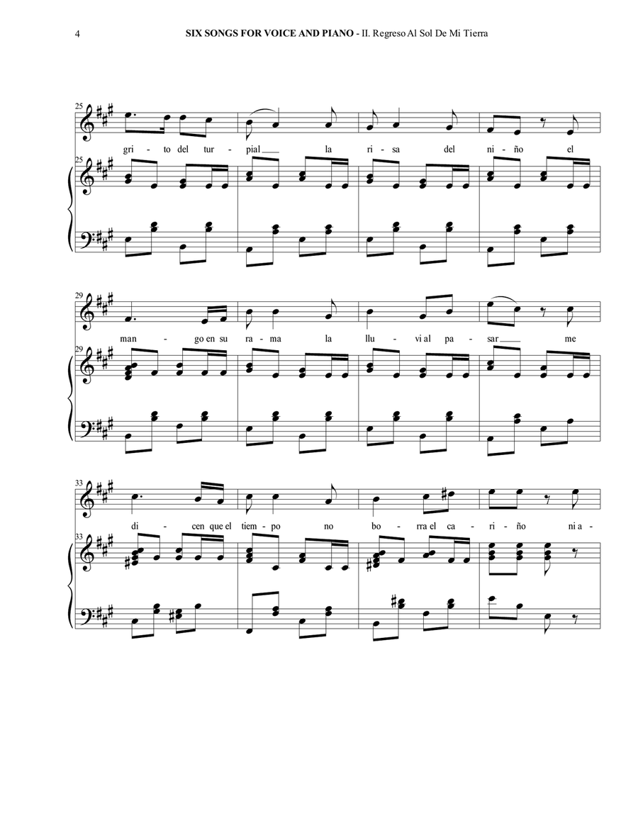 Six Songs For Voice And Piano - II. Regreso Al Sol De Mi Tierra Piano, Vocal scores gallery preview page 5
