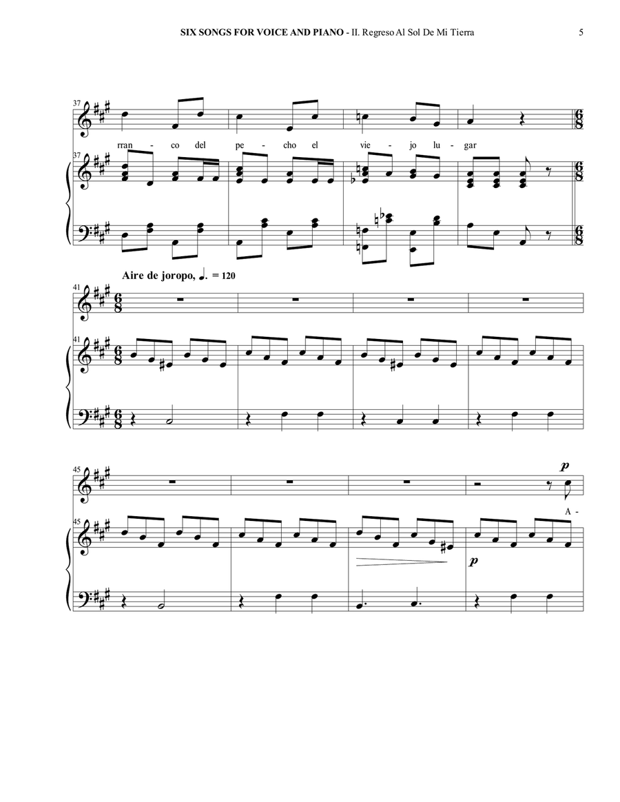Six Songs For Voice And Piano - II. Regreso Al Sol De Mi Tierra Piano, Vocal scores gallery preview page 6