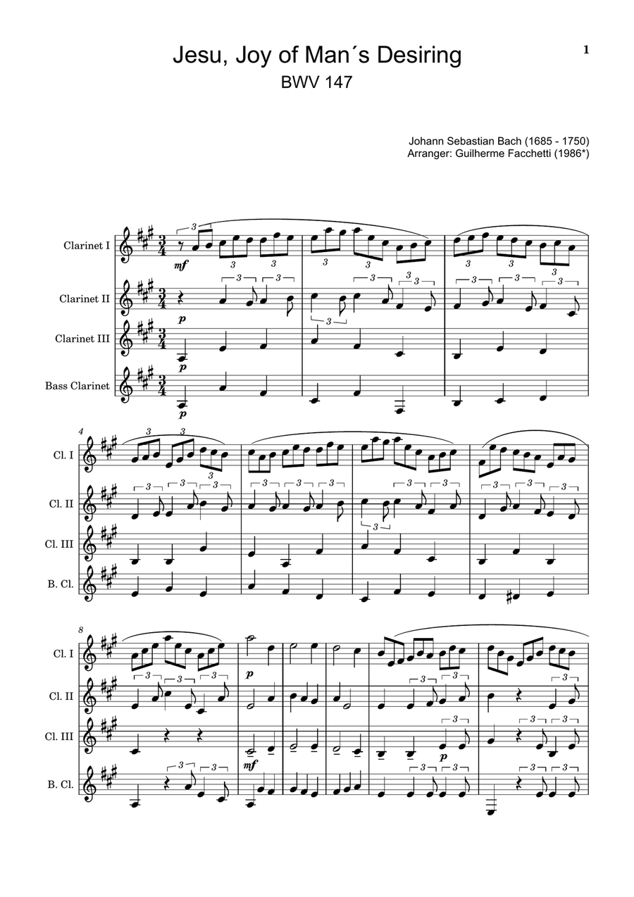 J. S. Bach - Jesu, Joy of Man´s Desiring. Clarinet Quartet with Parts. Clarinet Quartet scores gallery preview page 1