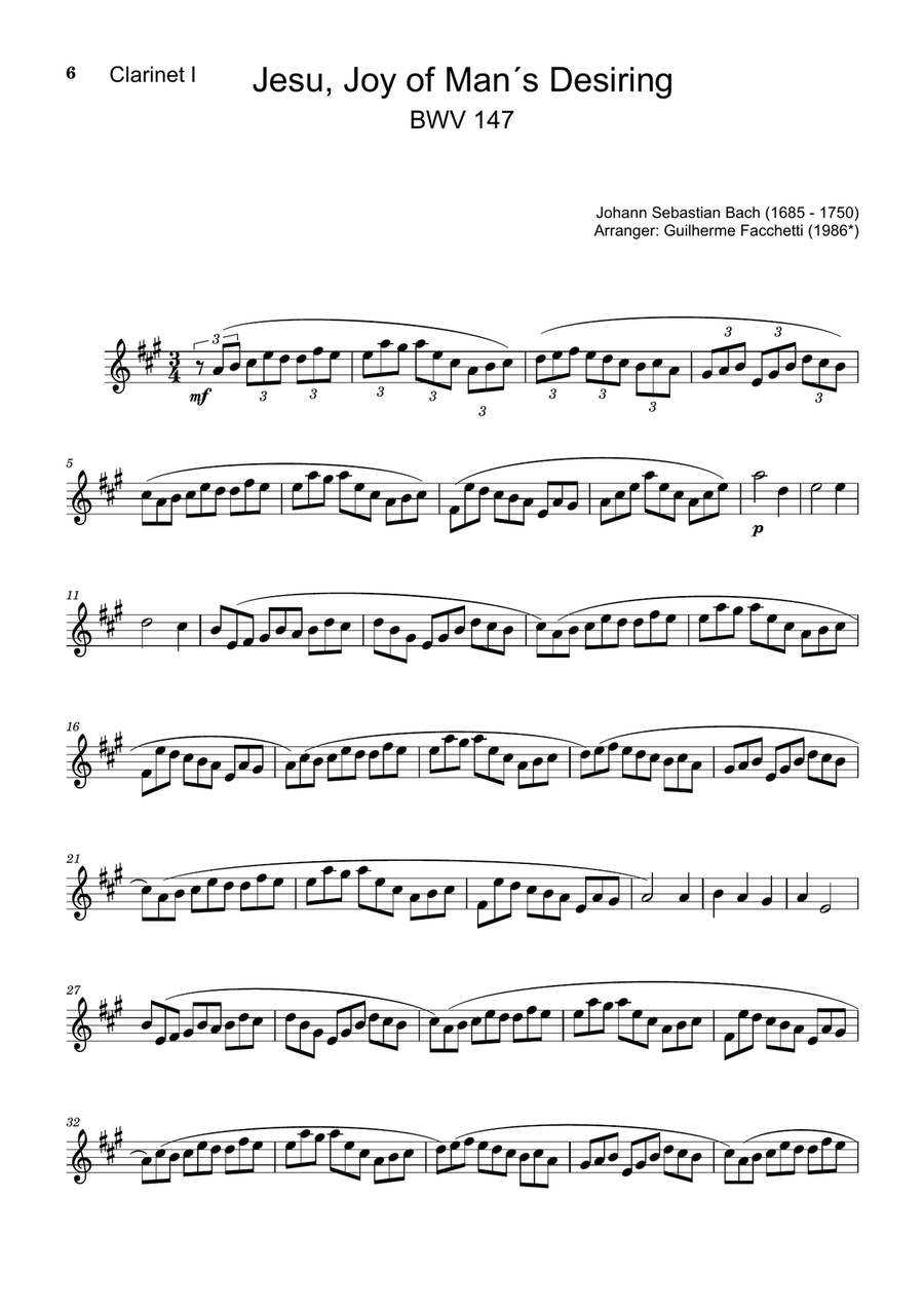 J. S. Bach - Jesu, Joy of Man´s Desiring. Clarinet Quartet with Parts. Clarinet Quartet scores gallery preview page 6