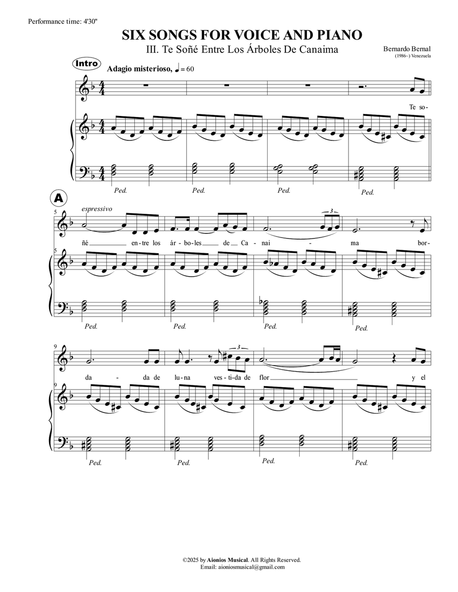 Six Songs For Voice And Piano - III. Te Soñé Entre Los Árboles De Canaima Piano, Vocal scores gallery preview page 3