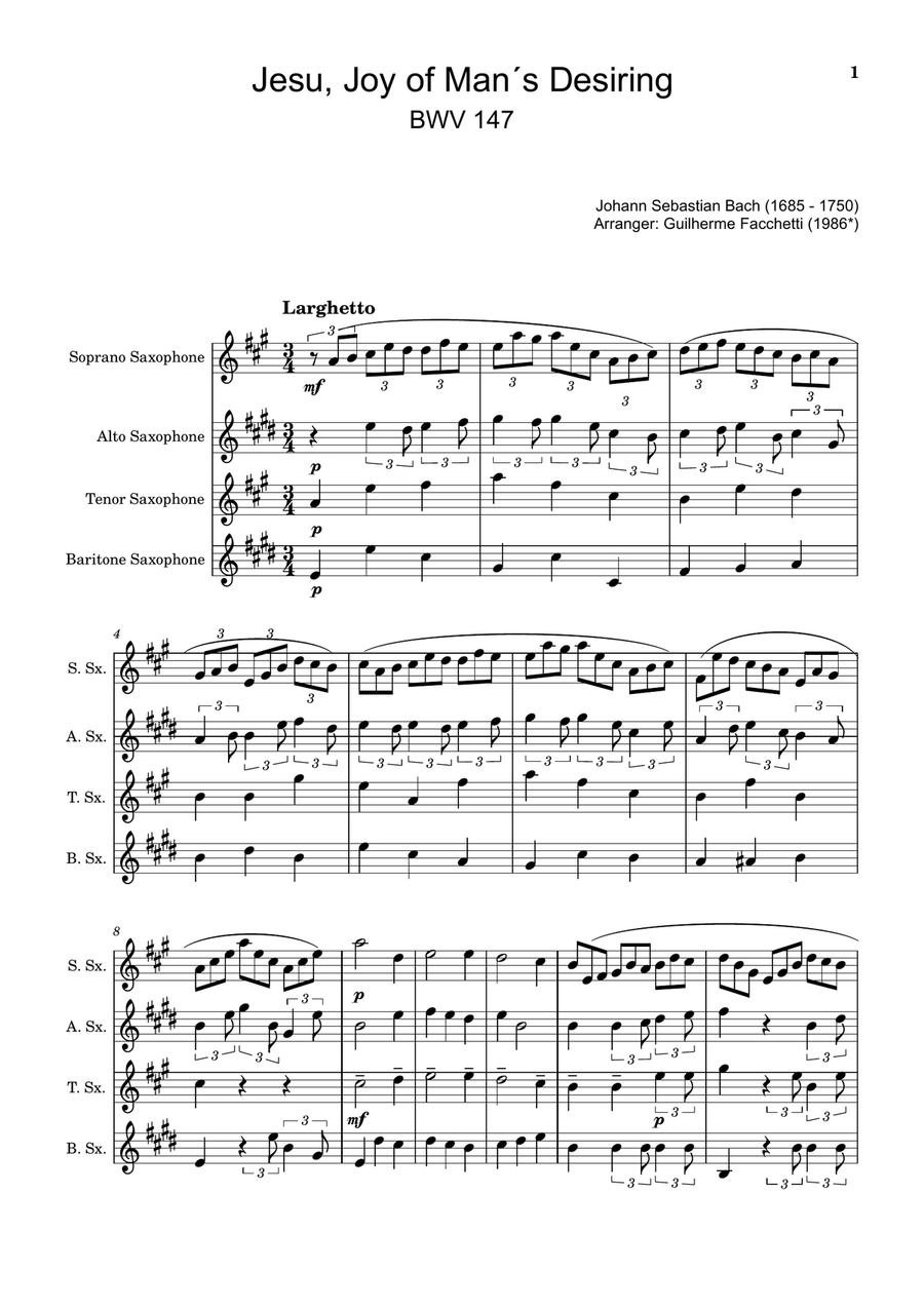 J. S. Bach - Jesu, Joy of Man´s Desiring. Saxophone Quartet with Parts. Saxophone Quartet scores gallery preview page 1