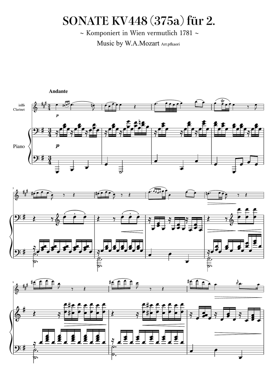 Sonta for 2 Pianos D major 2nd mov. Andante KV448 6.375a / Clarinet & Piano B-Flat Clarinet scores gallery preview page 1