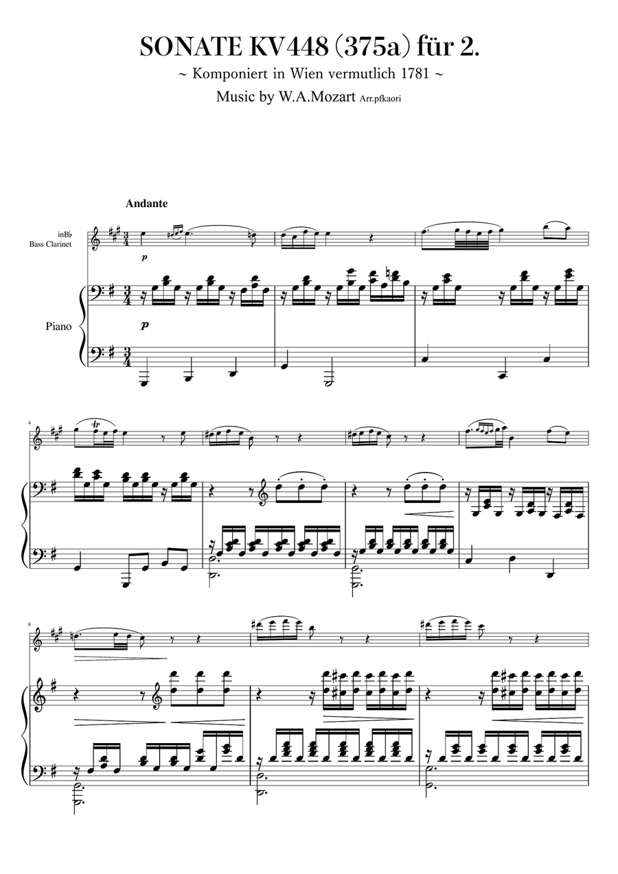 Sonta for 2 Pianos D major 2nd mov. Andante KV448 6.375a / Bass Clarinet & Piano Bass Clarinet scores gallery preview page 1