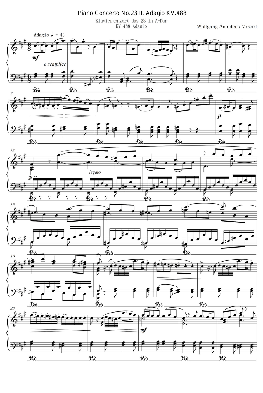 Piano Concerto No.23 II. Adagio KV.488 - Wolfgang Amadeus Mozart Piano Solo scores gallery preview page 1