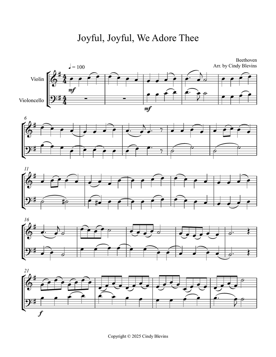 Joyful, Joyful, We Adore Thee, for Violin and Cello String Duet scores gallery preview page 3