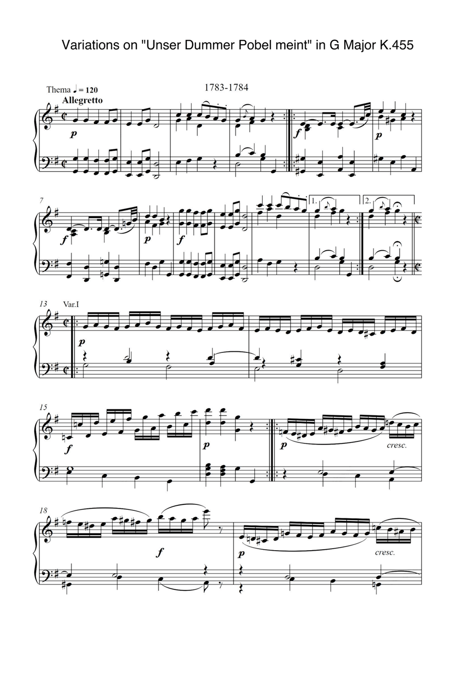 Variations on Unser Dummer Pobel meint in G Major K.455 - Wolfgang Amadeus Mozart Piano Solo scores gallery preview page 1