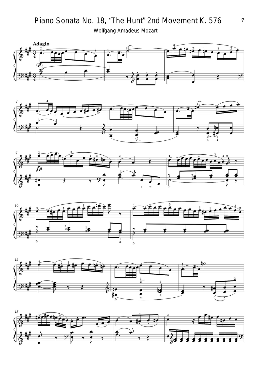 Piano Sonata No. 18, “The Hunt” 2nd Movement K.576 - Wolfgang Amadeus Mozart Piano Solo scores gallery preview page 1