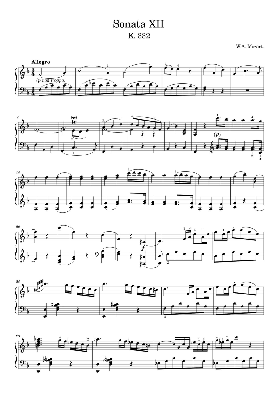 Piano Sonata No. 12, 1st Movement K. 332 - Wolfgang Amadeus Mozart Piano Solo scores gallery preview page 1