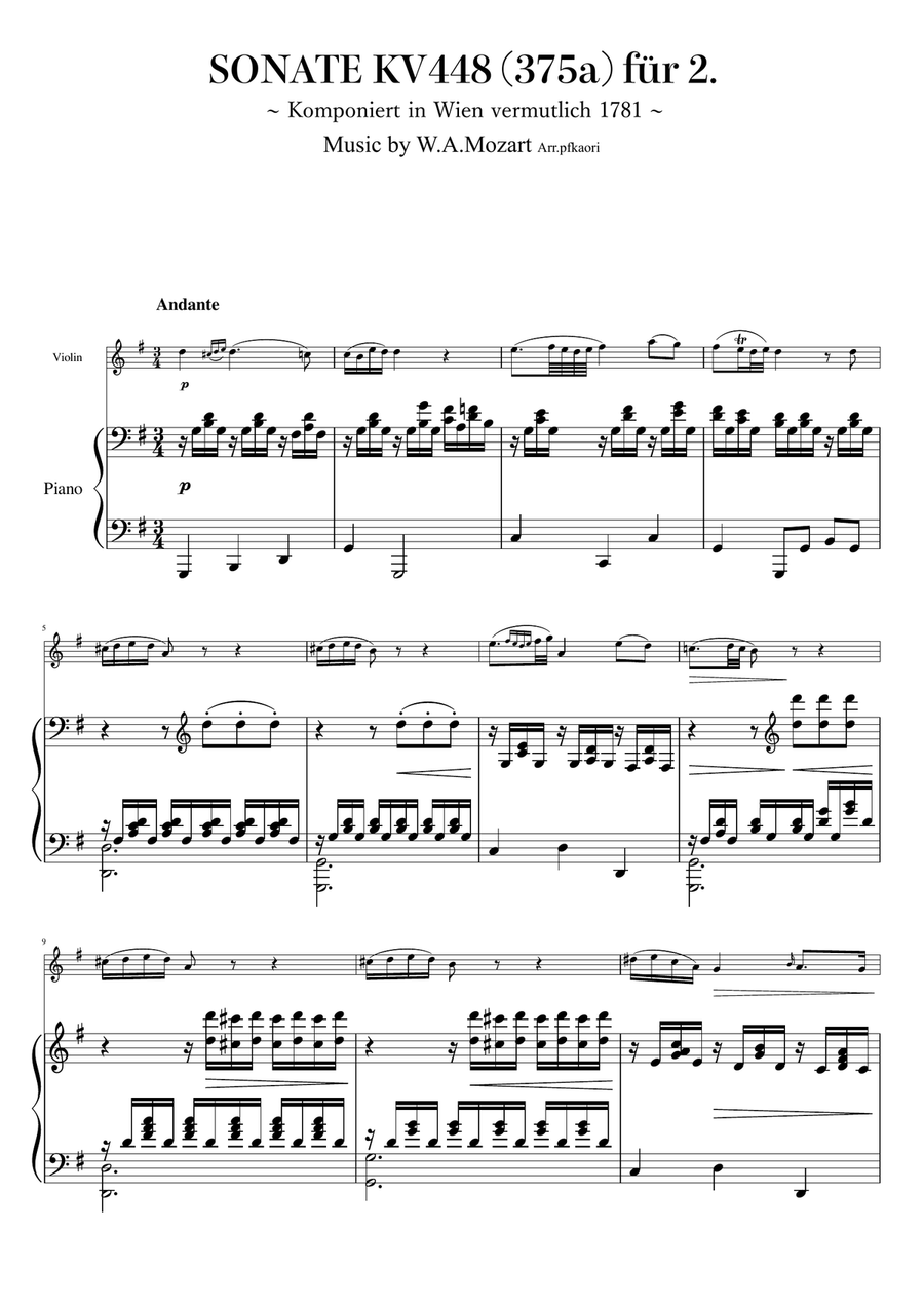 Sonta for 2 Pianos D major 2nd mov. Andante KV448 6.375a / Violin & Piano Violin Solo scores gallery preview page 1