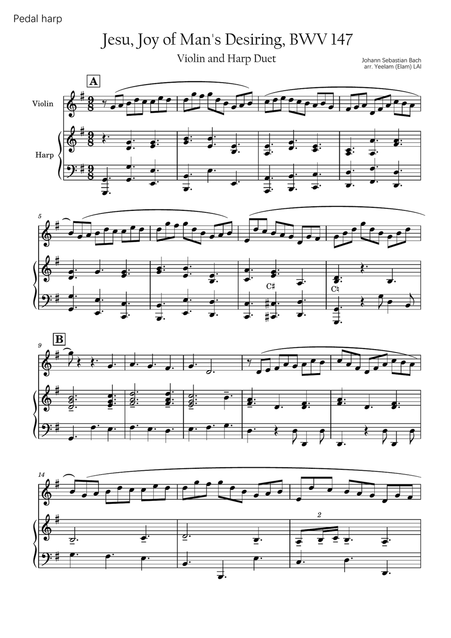 [Pedal Harp & Violin Duet] Jesu, Joy of Man's Desiring, BWV147 String Duet scores gallery preview page 1