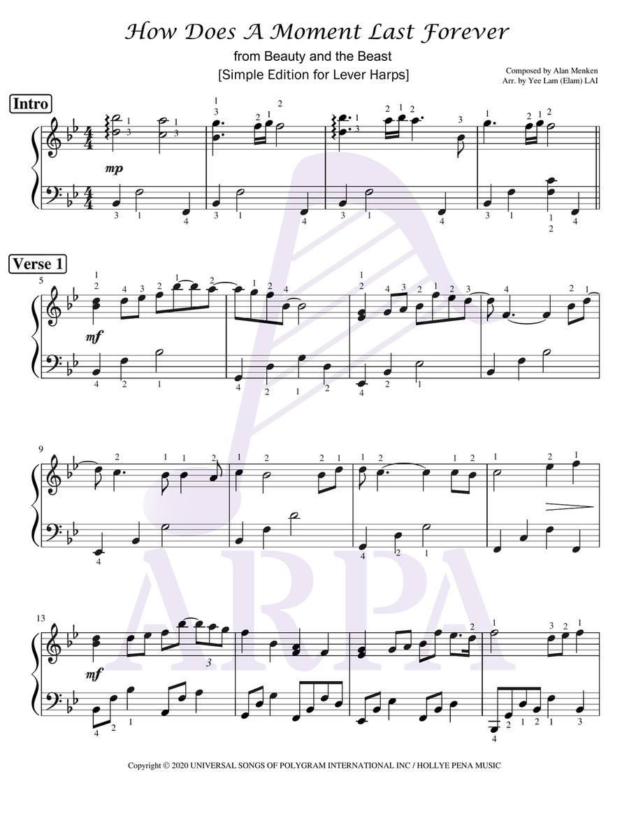 How Does A Moment Last Forever Harp scores gallery preview page 1