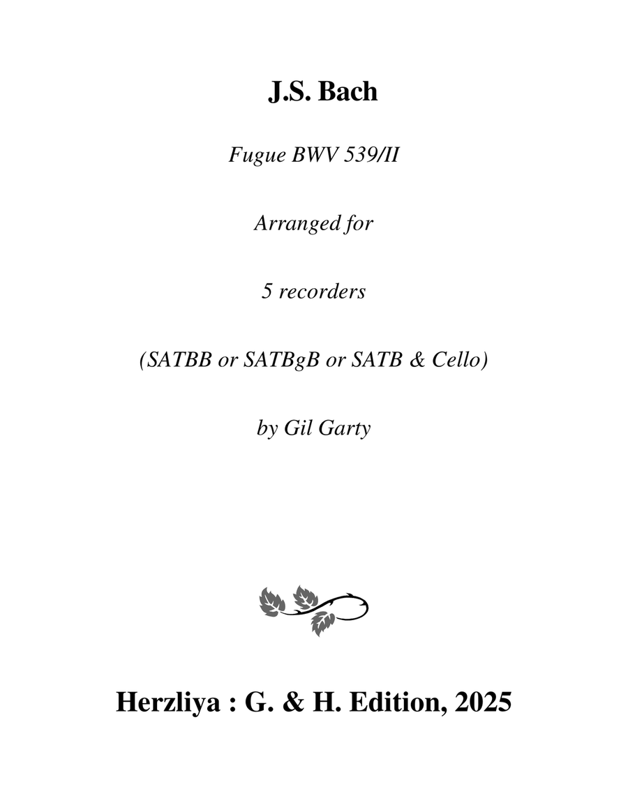 Fugue, BWV 539/II (arrangement for 5 recorders) Soprano Recorder scores gallery preview page 1