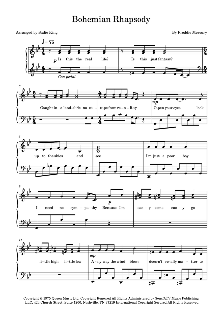 Bohemian Rhapsody Bohemian Rhapsody Piano Solo scores gallery preview page 1