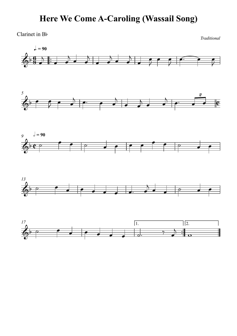 Here We Come A-Caroling (Wassail Song) B-Flat Clarinet scores gallery preview page 1