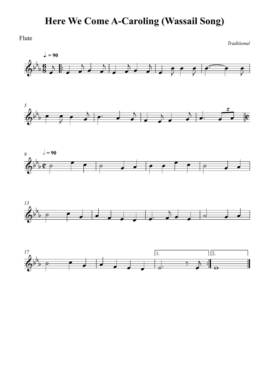 Here We Come A-Caroling (Wassail Song) Flute Solo scores gallery preview page 1